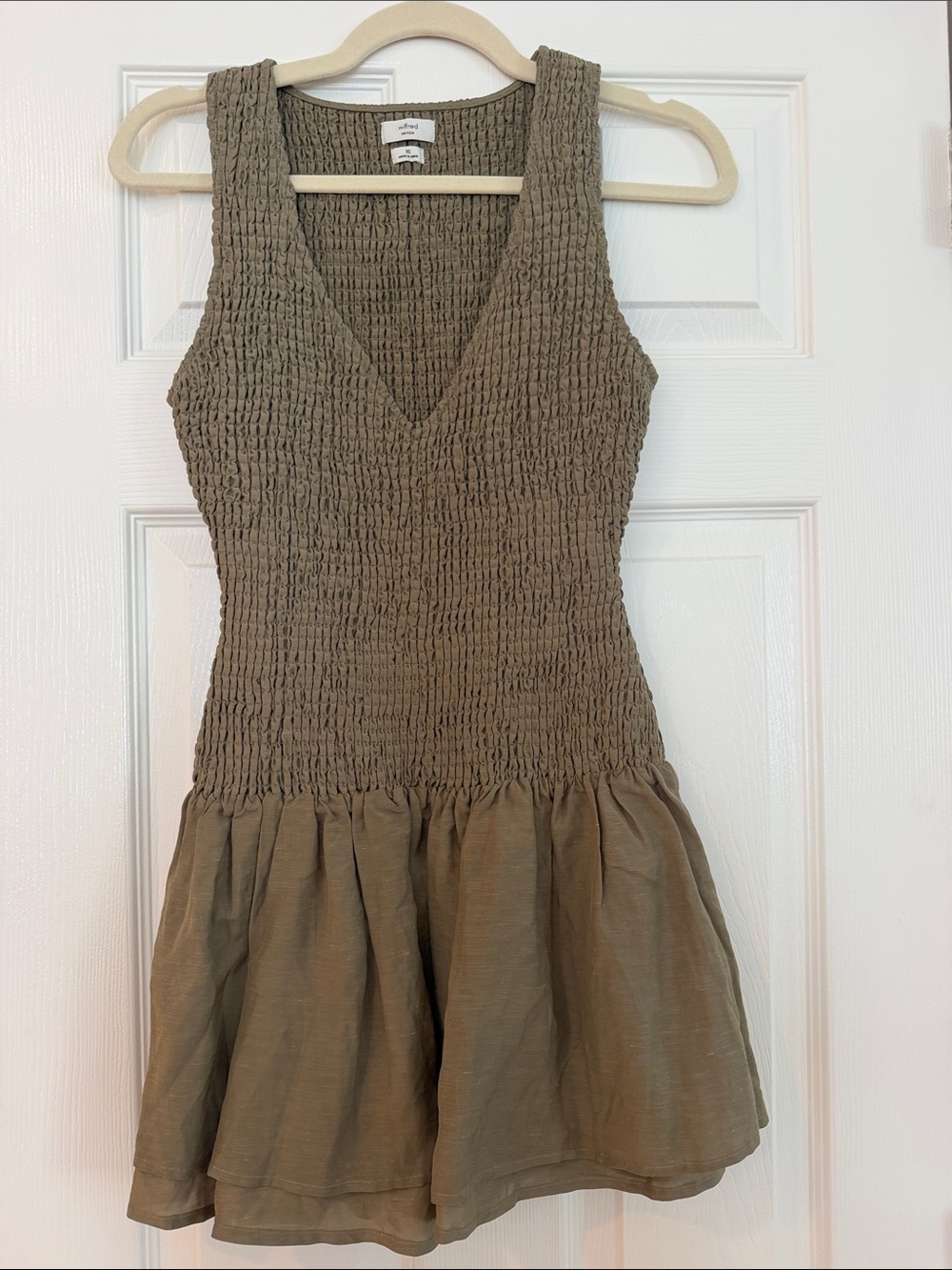 Wilfred Olive Green Smocked V-Neck Mini Dress